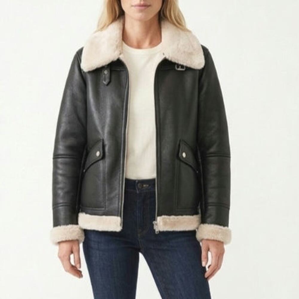 Joie Faux Leather Moto Aviator Jacket Faux Fur Collar Cuffs Black L NWOT